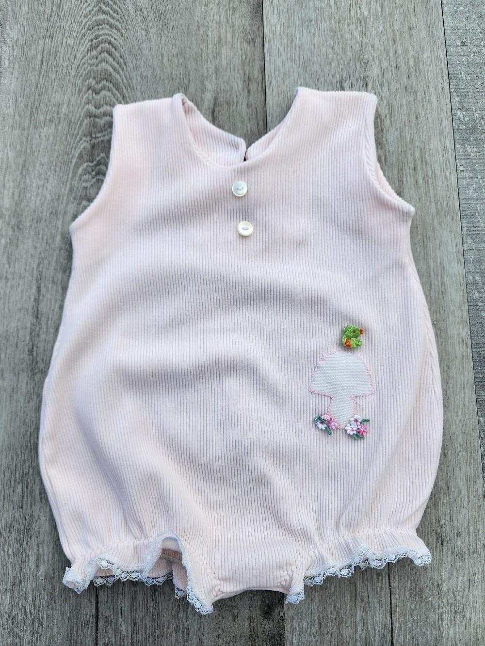 Vintage 1970s Pink Mushroom Bird Flower Ruffle Bubble Baby Romper Sz 6 Months